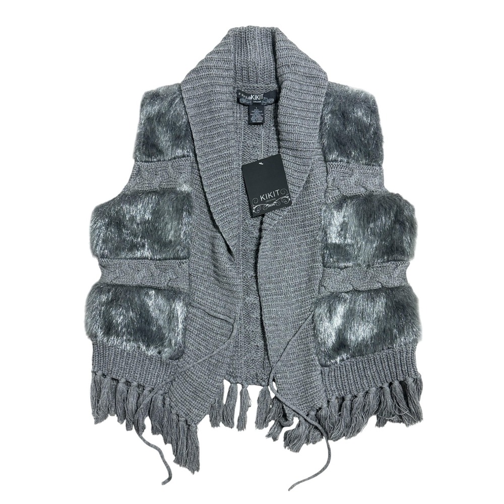 KIKIT Original Sweater Vest Womens Large Gray Faux Fur‎ Trim Fringe K11000BU